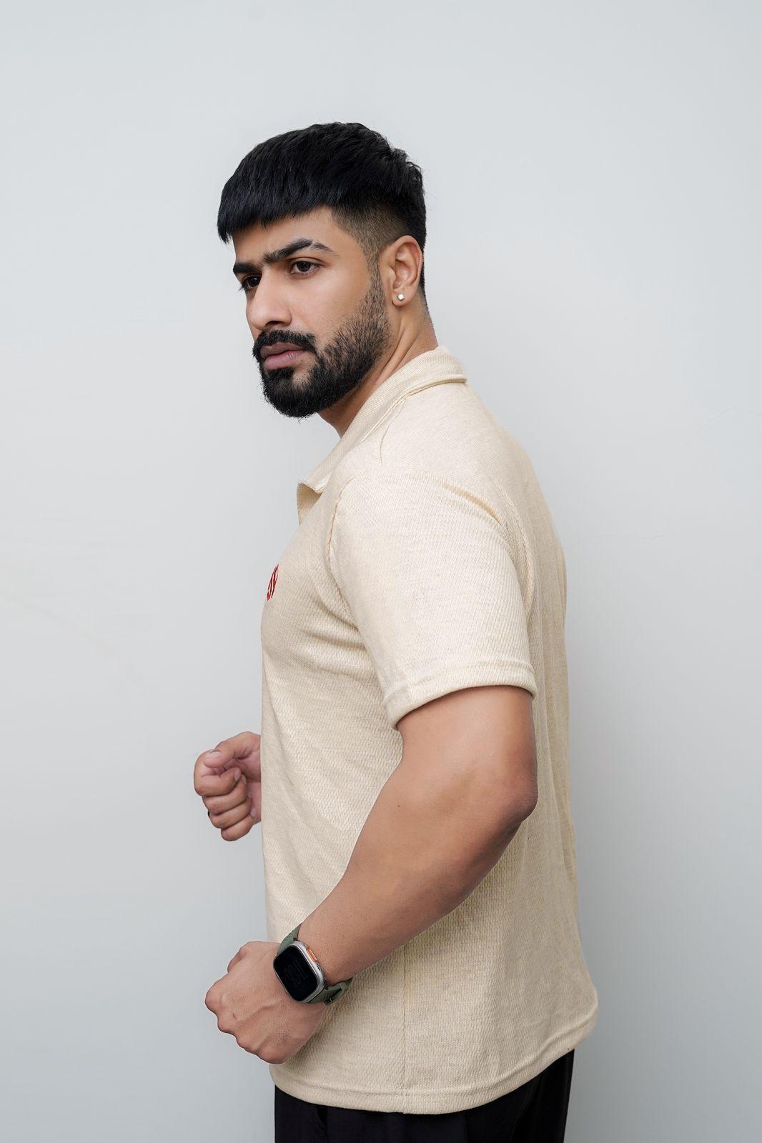 Men's Off White Waffle Knit Polo Shirt - 1 Pc