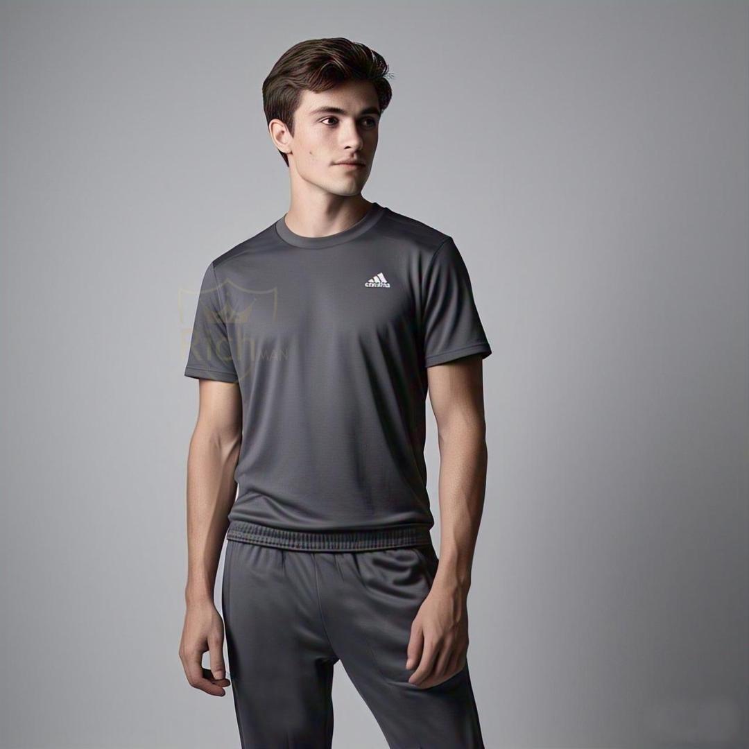 Men's Micro Interlock Track Suit - 2 Pcs Grey Set with Round Neck T-Shirt and Trouser