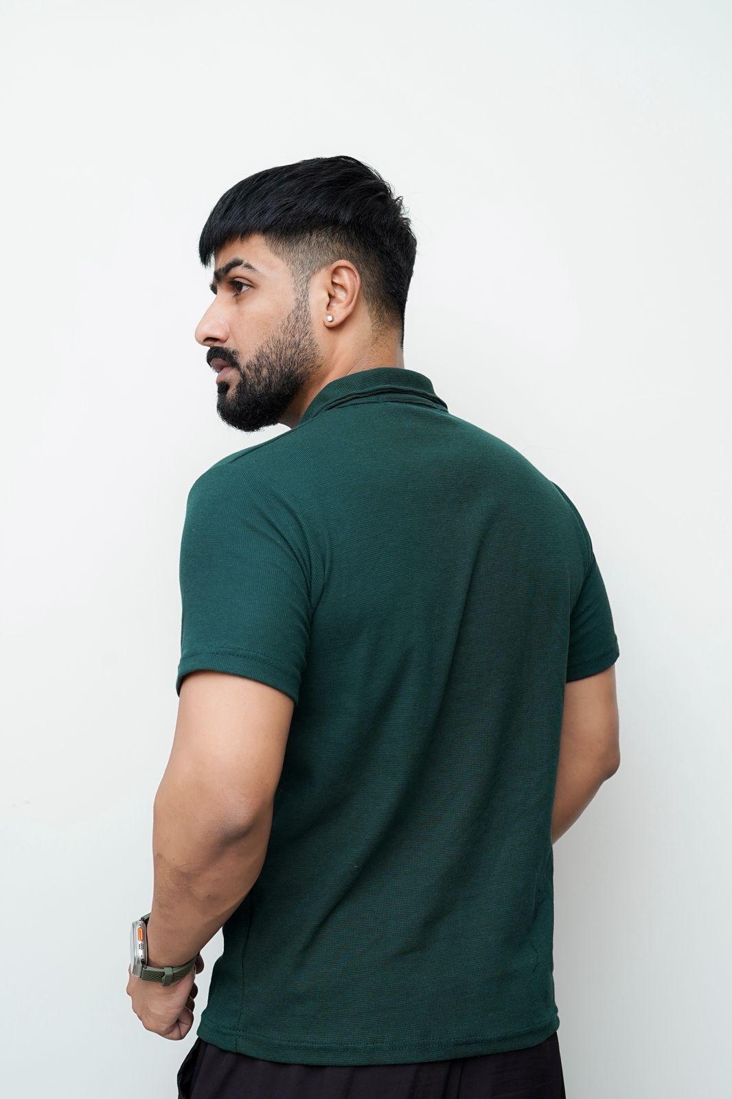 Men's Green Waffle Knit Polo Shirt - 1 Pc, Collared Style