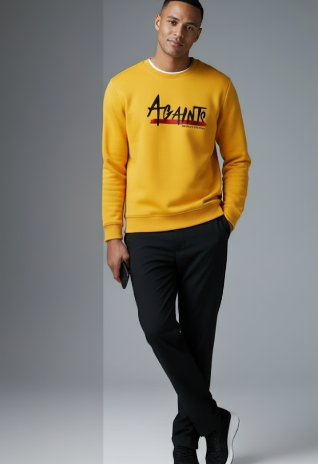 Men's Printed Fleece Sweatshirt Track Suit - 2 Pcs in Yellow