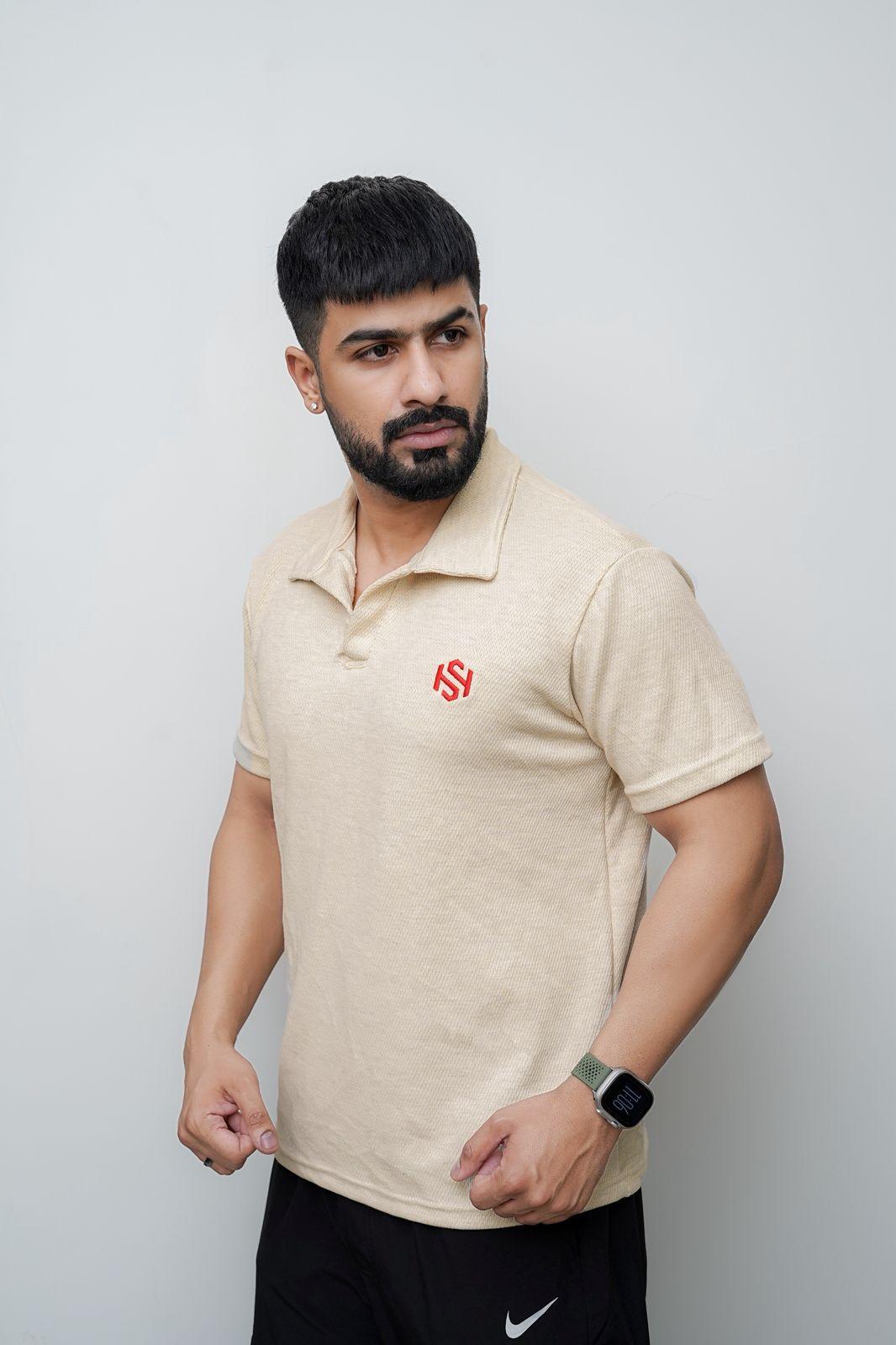 Men's Off White Waffle Knit Polo Shirt - 1 Pc