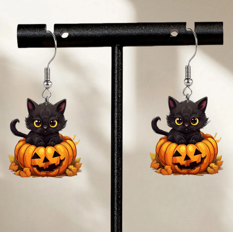 Black Cat Pumpkin Earrings