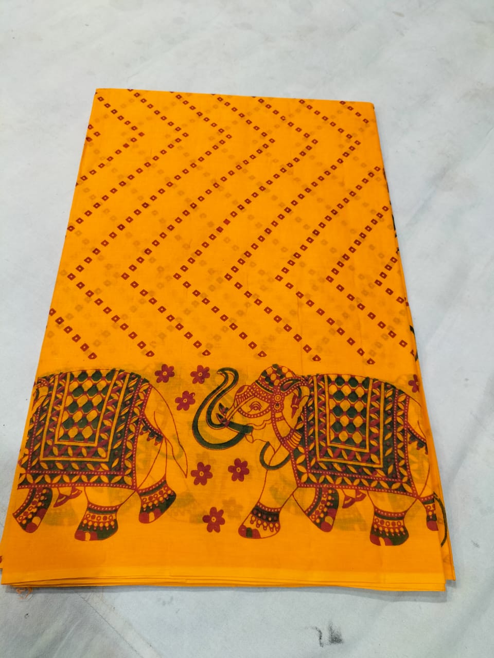 Handcrafted Elephant Print Cotton Saree