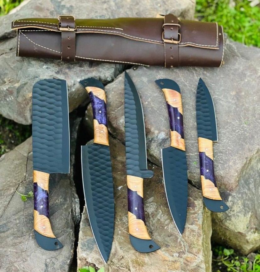 Handcrafted Chef Knife Set,Hand Forged Carbon Steel Chef's Knives Set with leather roll kit Best Gift for him-her