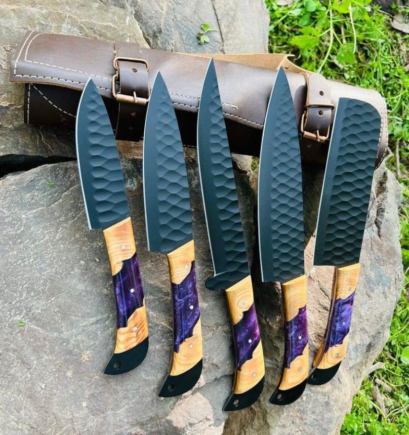 Handcrafted Chef Knife Set,Hand Forged Carbon Steel Chef's Knives Set with leather roll kit Best Gift for him-her
