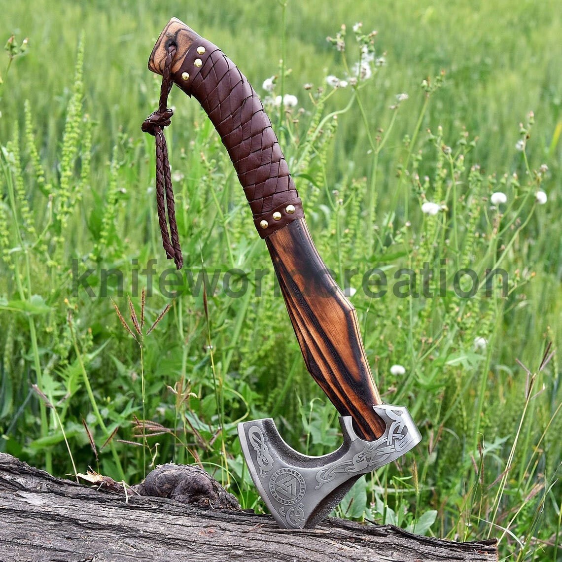 Handmade Viking Axe – Norse Engraved Bearded Axe | Forged Carbon Steel Hatchet with Leather Wrapped Handle | Norse Mythology Gift for Him