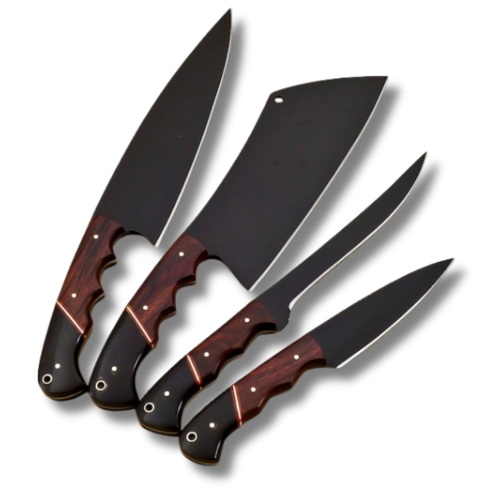 Japanese style Handmade Chef Knife Set of 4 – Custom Forged Kitchen Knives with Cleaver, Utility & Paring Knife | Razor Sharp Wooden Handle