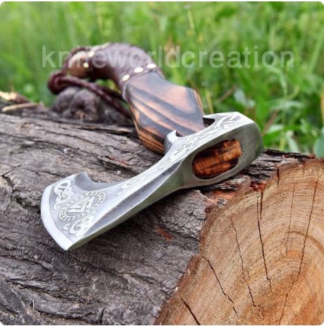 Handmade Viking Axe – Norse Engraved Bearded Axe | Forged Carbon Steel Hatchet with Leather Wrapped Handle | Norse Mythology Gift for Him