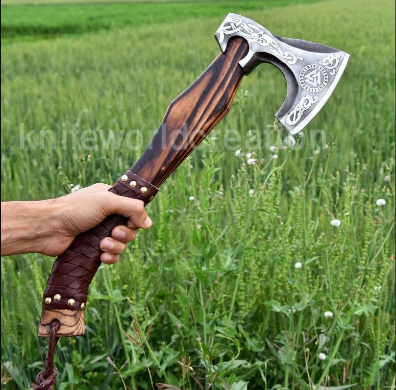 Handmade Viking Axe – Norse Engraved Bearded Axe | Forged Carbon Steel Hatchet with Leather Wrapped Handle | Norse Mythology Gift for Him