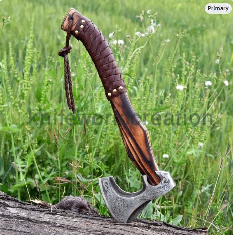 Handmade Viking Axe – Norse Engraved Bearded Axe | Forged Carbon Steel Hatchet with Leather Wrapped Handle | Norse Mythology Gift for Him