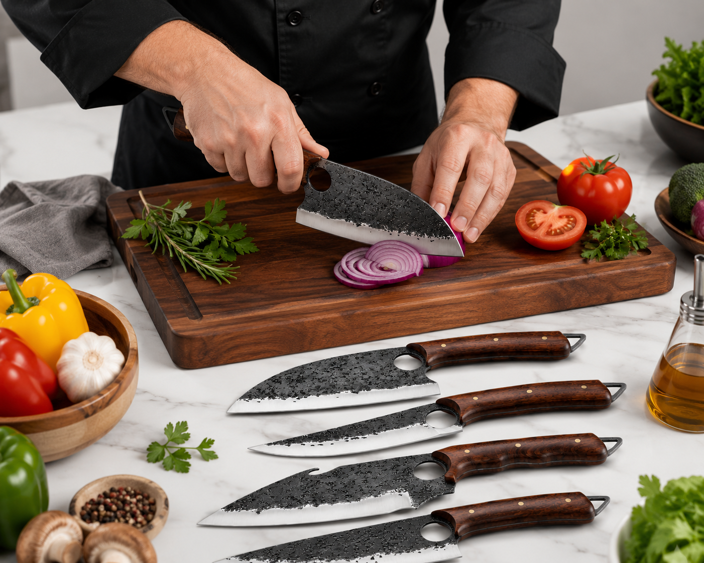 Forged Carbon Steel Japanese Chef Knife Set, Rosewood Handle,5-Piece Culinary Knives Best Gift