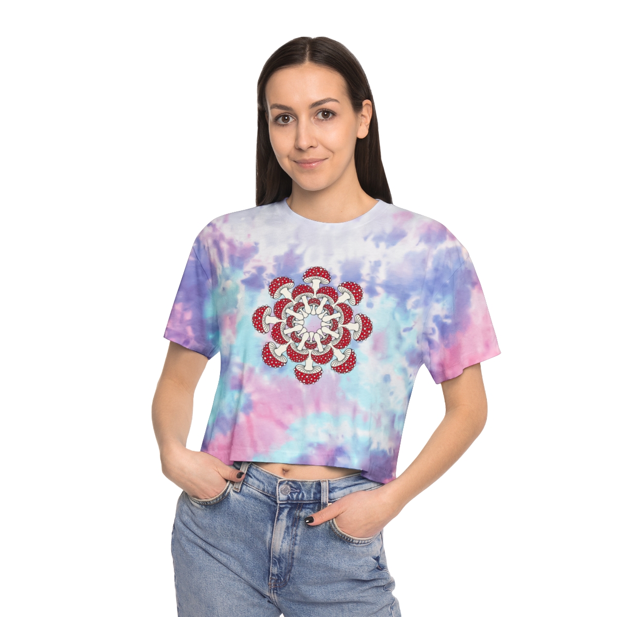 Tie-Dye Psychedelic Amanita Mushroom Mandala Women's Graphic T-Shirt Crop Top
