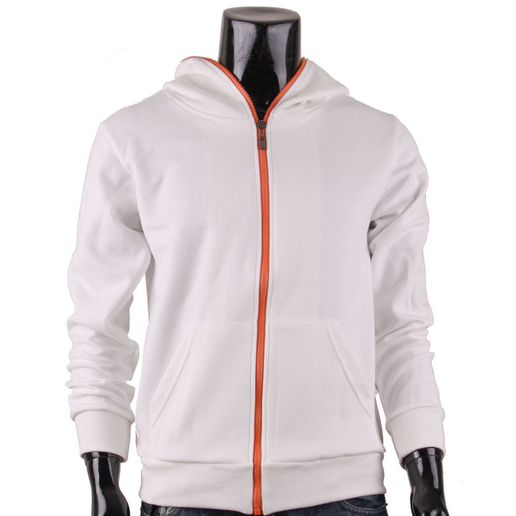 White Zip-Up Hoodie With Orange Zipper