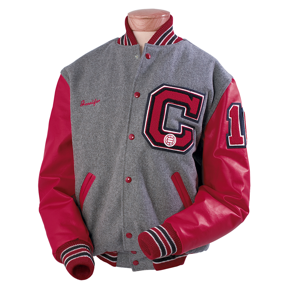 Classic Grey & Red Varsity Jacket With Chenille Patch 