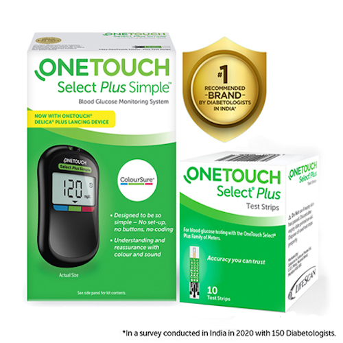 OneTouch Select Plus Simple Glucometer with 10 Test Strips Free