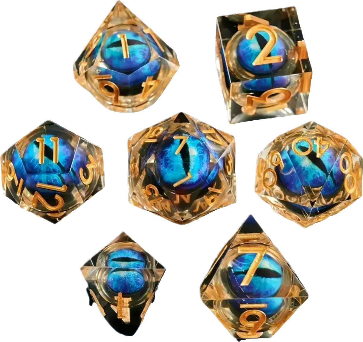Resin Polyhedral Dice Set with Blue Dragon Eye Core