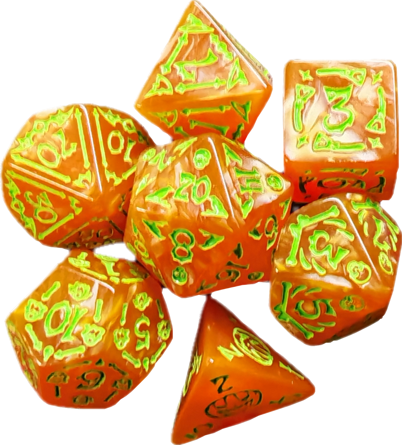 Orange and Green Polyhedral Dice Set