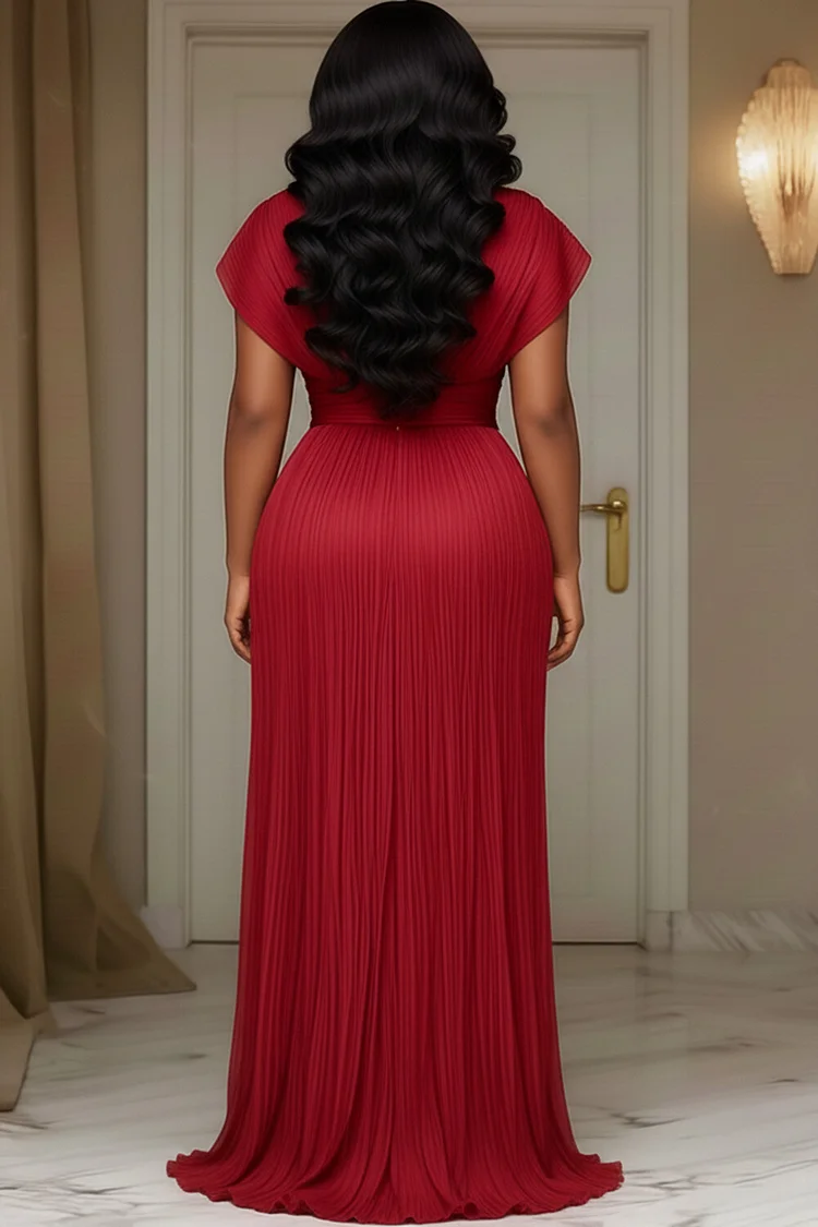 Deep V Neck Rose Ruched Slit Fishtail Party Maxi Dresses-Red