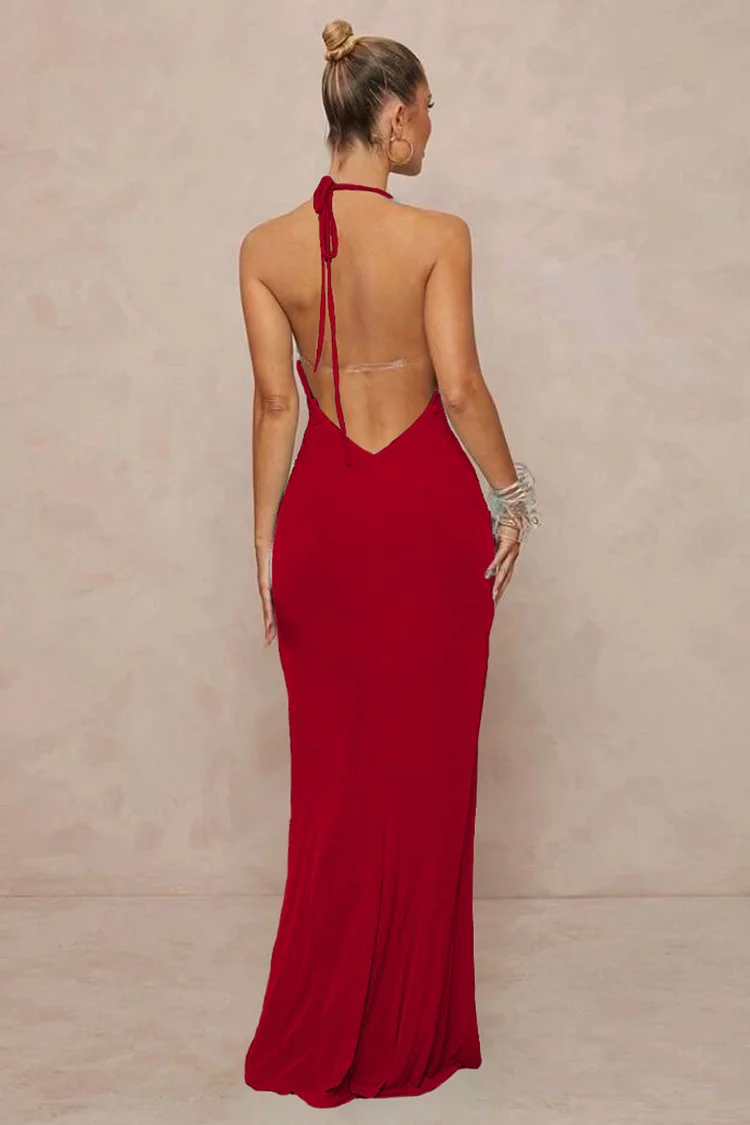 Deep V Neck Backless Ruched Slim Fit Halter Tie Up Gowns Maxi Dresses-Red