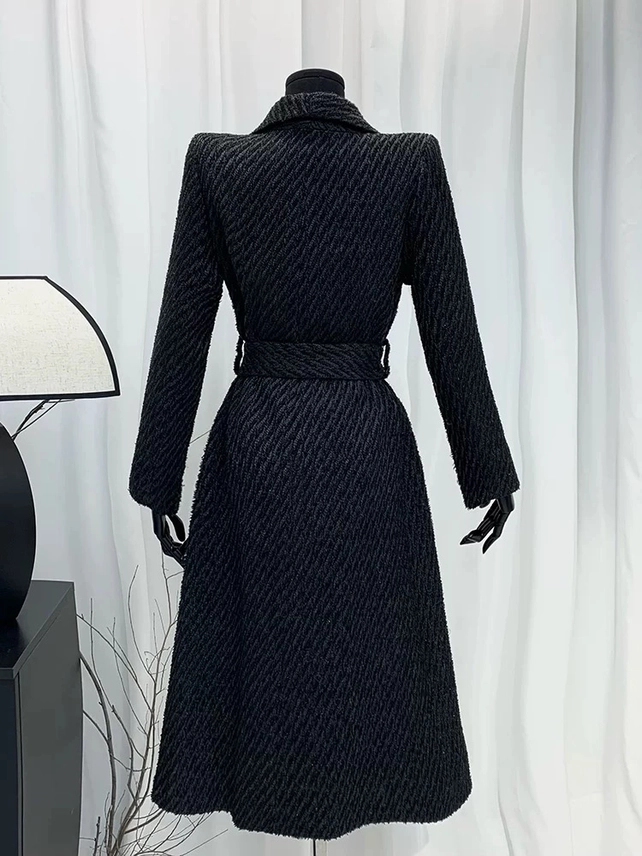 CT106L Retro Tweed Belted Overcoat with Wide Lapel Warmth