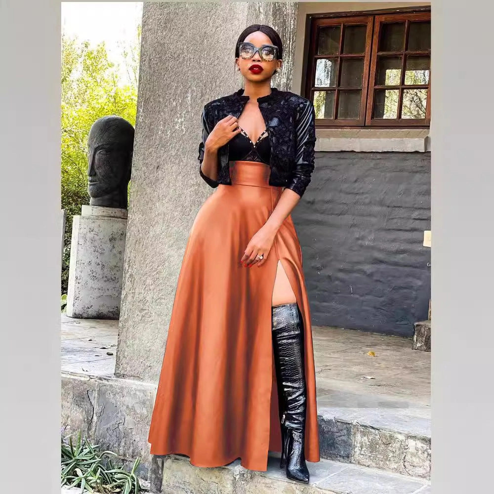 Women Fashion Sexy Solid Color Leather Long Skirt