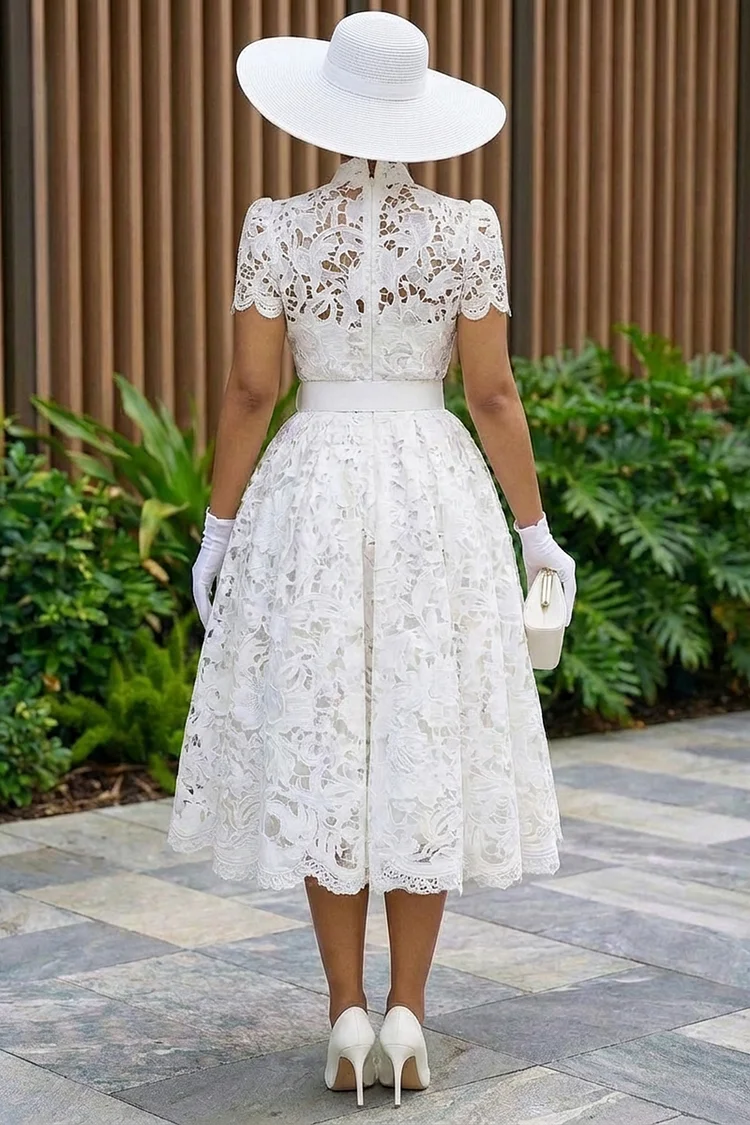 Deep V Neck Cinch Waist Guipure Lace Bouffant Midi Dresses-White [Pre Order]