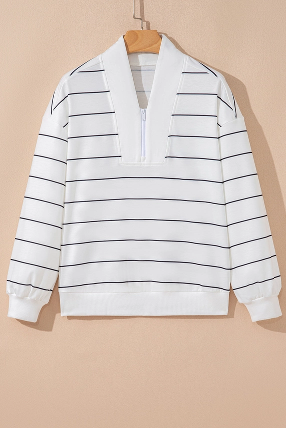 Stripe Zipped V-Neck Long Sleeve Top