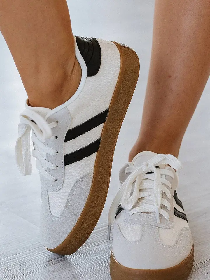 White Striped Lace-Up Flat Sneakers