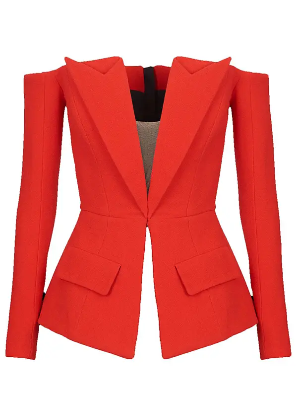 JK109Y Chic Red Off-Shoulder Blazer with Rear Zipper Design