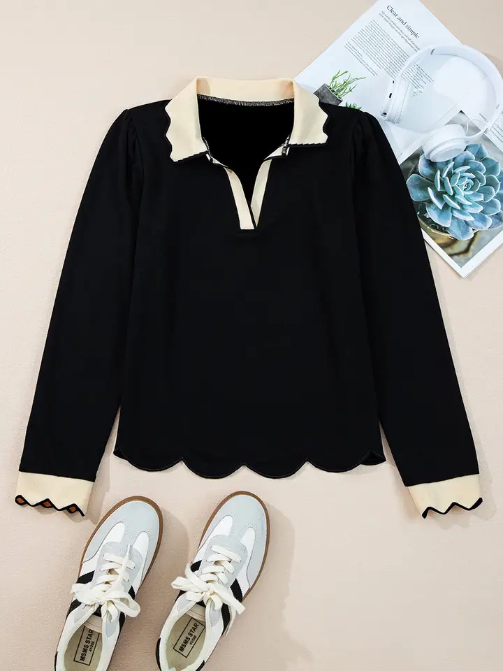 Colorblock Scallop Trim Long Sleeve Collared Top