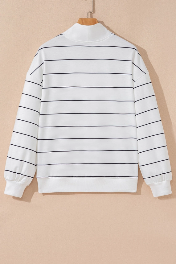 Stripe Zipped V-Neck Long Sleeve Top
