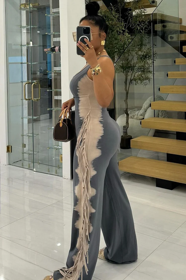 Halter U Neck Tie Dye Print Fringe Daily Wide Leg Jumpsuit-Brown