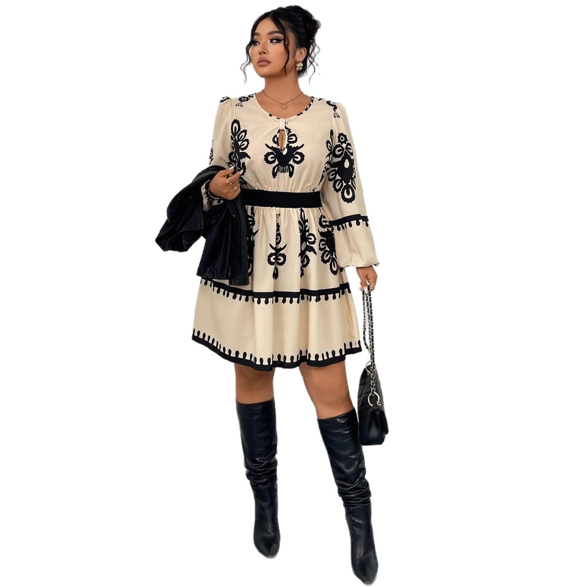 Elegant High Waist Long Sleeve Dress with Floral Print