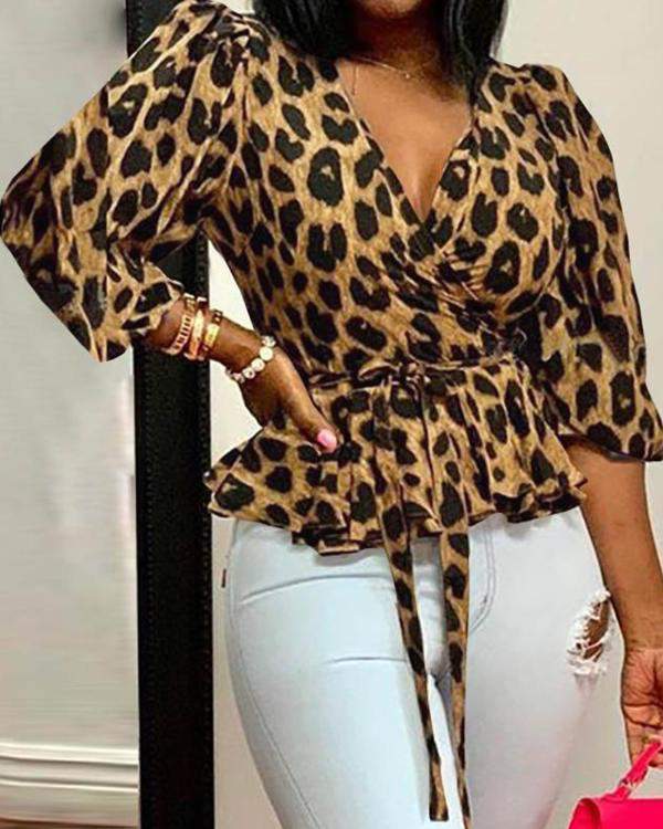 Print Surplice Neck Bardot Peplum Belted Top