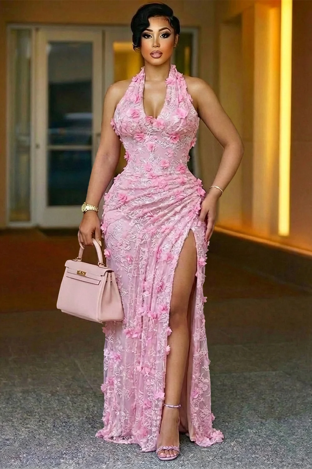 Elegant Pink Lace Evening Gown