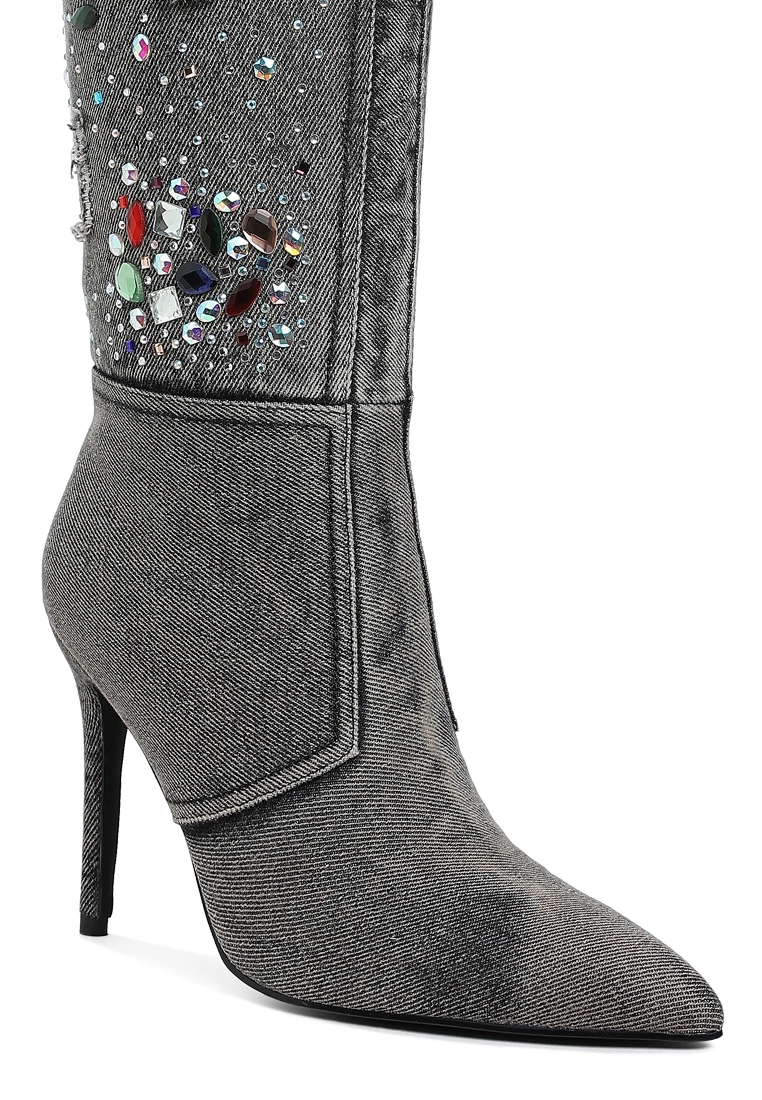 Embellished Denim High-Heel Boot