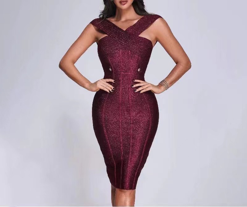 DR0276 Elegant One-Shoulder Gold Silk Midi Dress with Silver