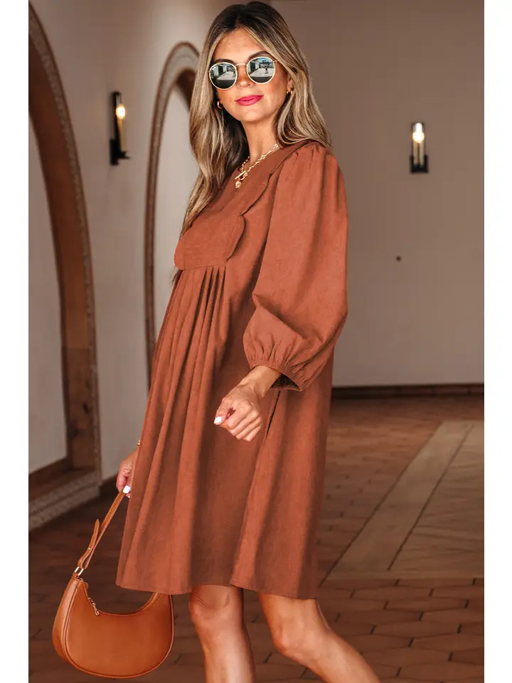 Corduroy Pleated Scallop Neck 3/4 Sleeve Mini Dress