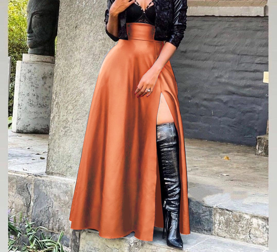 Women Fashion Sexy Solid Color Leather Long Skirt
