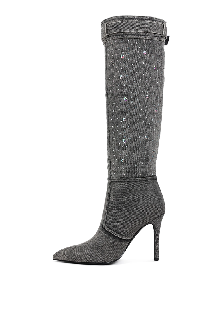 Embellished Denim High-Heel Boot
