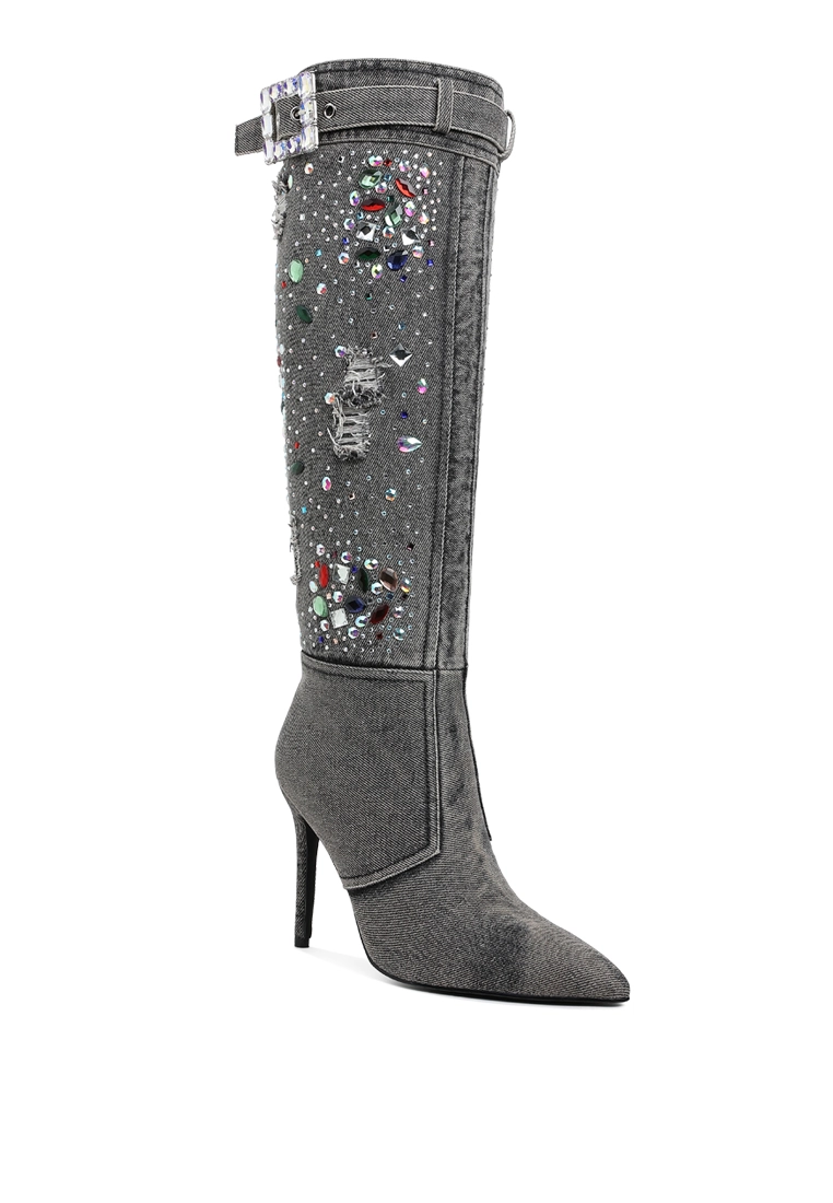Embellished Denim High-Heel Boot