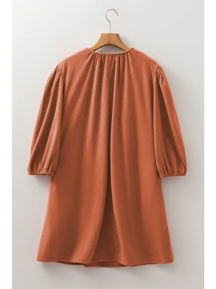 Corduroy Pleated Scallop Neck 3/4 Sleeve Mini Dress