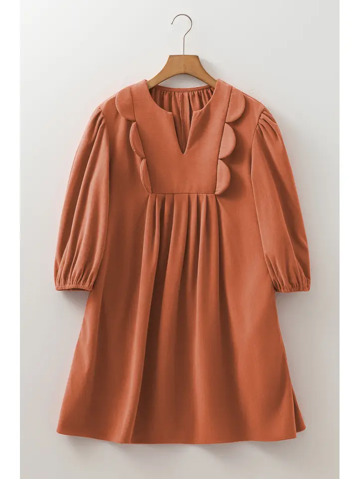 Corduroy Pleated Scallop Neck 3/4 Sleeve Mini Dress