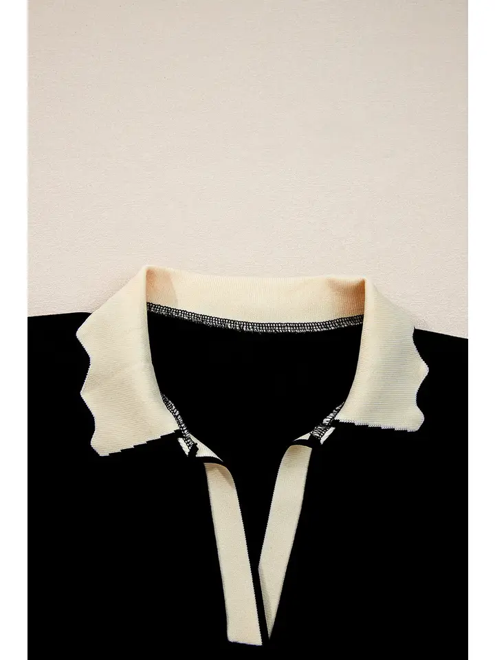 Colorblock Scallop Trim Long Sleeve Collared Top