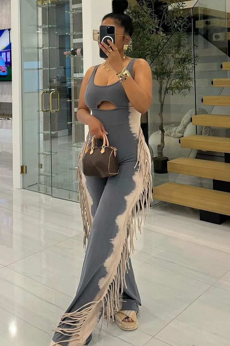 Halter U Neck Tie Dye Print Fringe Daily Wide Leg Jumpsuit-Brown