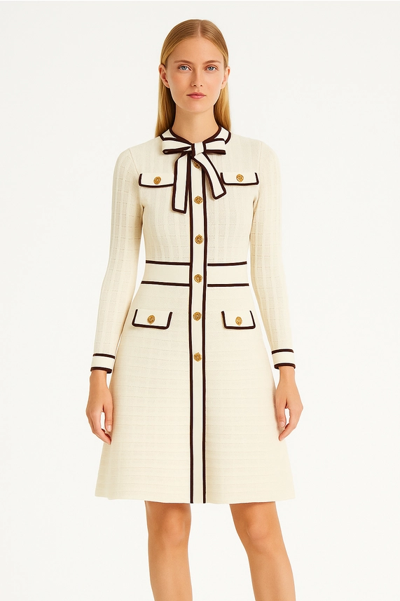 DR831Y Elegant Cream Knit Bow-Tie Trim A-Line Dress