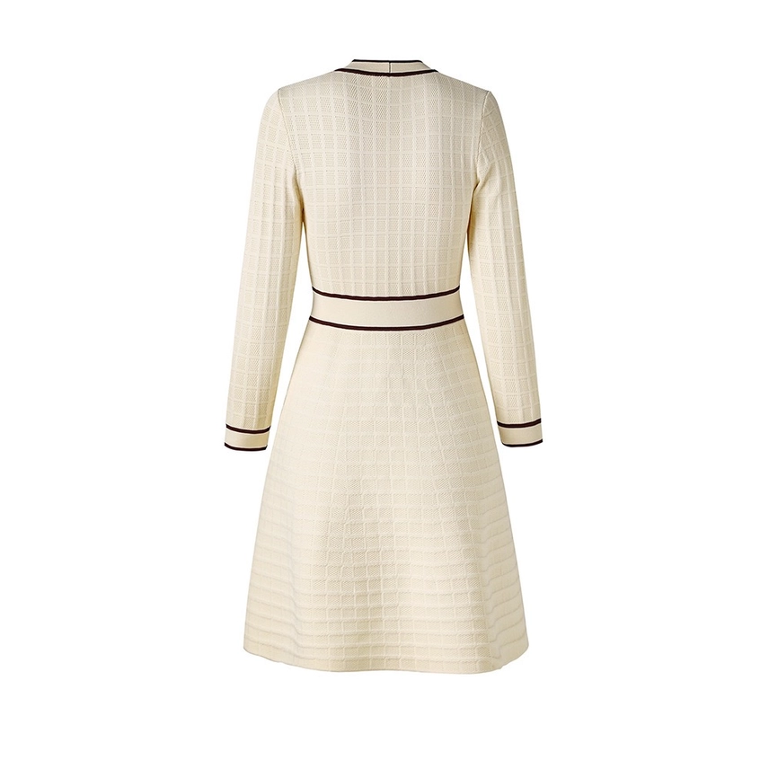 DR831Y Elegant Cream Knit Bow-Tie Trim A-Line Dress