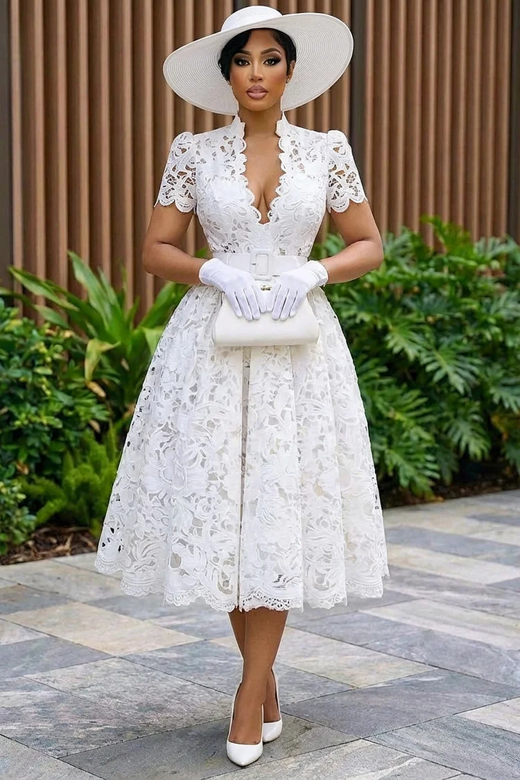 Deep V Neck Cinch Waist Guipure Lace Bouffant Midi Dresses-White [Pre Order]