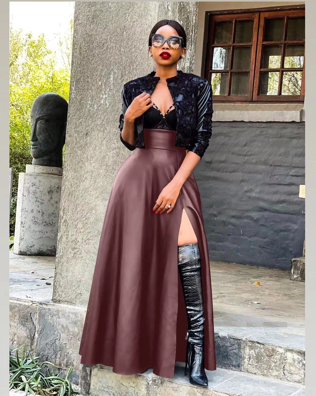 Women Fashion Sexy Solid Color Leather Long Skirt