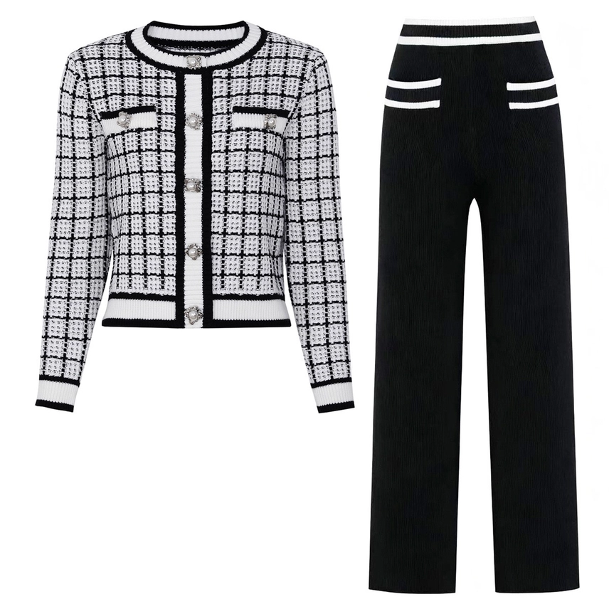 By Elegant Plaid Knit Cardigan Jacket and Matching Pants Set